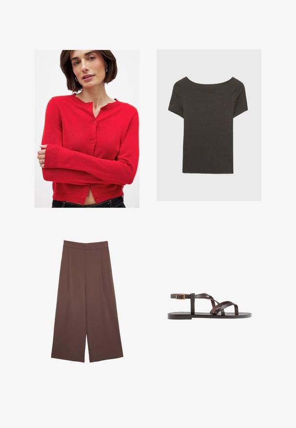 Punainen, pitkähihainen neuletakki, joka on valmistettu neuloksesta. Siinä on pyöreä pääntie, etu-napit ja ribbireunat hihoissa. Tiukasti istuva ja lyhennetty helma.; Tummanharmaa lyhythihainen paita, jossa on venepääntie. Valmistettu ribbikankaasta, jossa on rento istuvuus ja siisti helmaviimeistely. Yksinkertainen muotoilu, ilman kuvioita.; Ruskeat leveälahkeiset housut, joissa on sileä pinta, korkea vyötärö ja etupleat. Kangas on kevyttä ja laskeutuu väljänä.; Ruske kožne sandale s križnim trakama, zatvaranjem na kopču oko gležnja i ravnim potplatom s minimalnim detaljima šivanja.