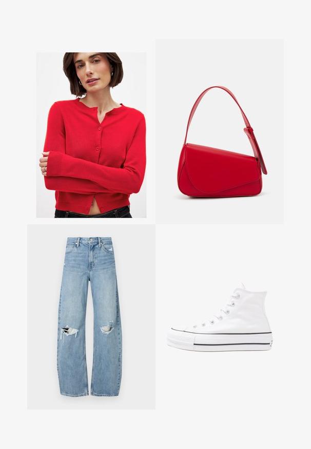 Červený kardigán s dlhým rukávom vyrobený z pleteniny, s okrúhlym výstrihom, predným zapínaním na gombíky a manžetami s rebrovaním. Úzky strih s kratším lemom.; Čierne oversized tričko s grafikou medveďa a textom "NIE ROZTOMILÉ ALE DIVOKÉ" v tučnom bielom písmene. Bavlnený materiál.; Svetlomodré, vysoké džínsy vyrobené z denimu. Majú široké nohavice, dve roztrhnuté kolená a klasický päťvreckový strih.; Biele vysoké plátené tenisky s čiernou gumovou podošvou, prednou gumovou špičkou a šiestimi okami na šnúrky, s čistým, minimalistickým dizajnom.; Červená kožená kabelka s ostrým, geometrickým dizajnom. Má jeden nastaviteľný popruh a uzatváranie na klopu so šitím.
