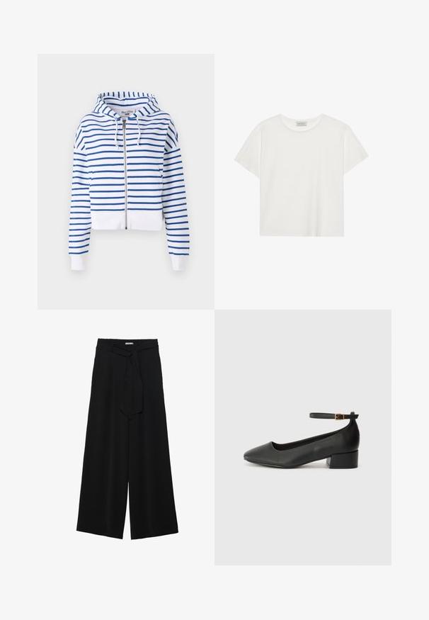 Cropped zip-up hoodie in white with blue horizontal stripes. Features a drawstring hood and ribbed cuffs for a snug fit. Soft cotton material.; White short-sleeve T-shirt made of soft cotton. Features a round neckline and relaxed fit. Clean design with no visible patterns or accents.; Black wide-leg pants featuring a textured fabric, an elastic waistband, and a detachable sash tie at the waist for adjustable fit.; Black leather pump with a pointed toe and a low block heel. Features an ankle strap with a gold-tone buckle. Smooth texture.