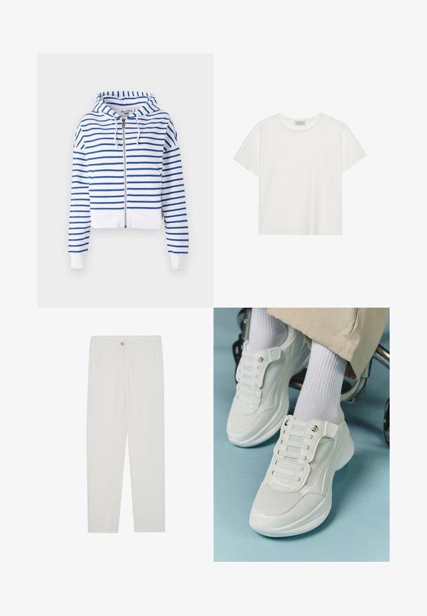 Kortgeknipte hoodie met ritssluiting in het wit met blauwe horizontale strepen. Voorzien van een capuchon met trekkoord en ribgebreide boorden voor een ideale pasvorm. Zacht katoen materiaal.; Witte T-shirt met korte mouwen, gemaakt van zachte katoen. Heeft een ronde halslijn en een relaxte pasvorm. Schoon ontwerp zonder zichtbare patronen of accenten.; Witte, op maat gemaakte broek met een rechte pijpdesign, featuring een knoopsluiting, riemlussen en zijzakken; gladde stoftextuur.; Witte sneakers met een mesh materiaal, rubberen zool, vetersloze uitvoering met elastische banden en gouden accenten.