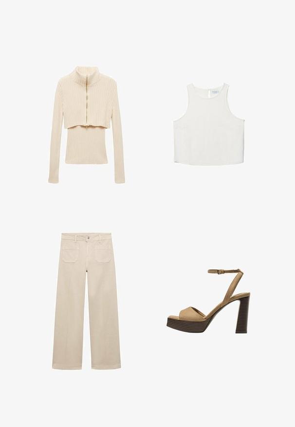 Beige žebrovaný svetr s vysokým límcem a předním zipem do poloviny. Přiléhavý design s dlouhými rukávy a zkrácenou délkou. Měkká textura.; Bílý bezrukávový top s kulatým výstřihem, který má jemnou texturu, detaily v oblasti zad ve tvaru klíčové dírky a rovný lem.; Beige široké kalhoty z bavlny. Mají zipový poklopec, přední knoflík a dvě našité kapsy na zadní straně. Čistý lem bez ozdob.; Bežové semišové sandály na vysokém podpatku s širokým předním páskem a páskem kolem kotníku, s masivním dřevěným blokovým podpatkem s texturovaným povrchem.