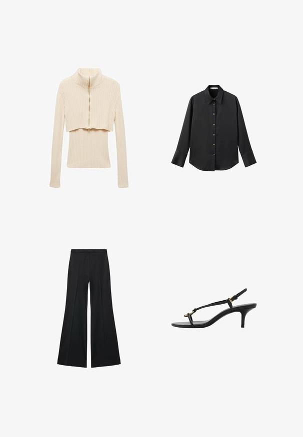 Beige ribbed sweater with a high collar and half-zip front. Fitted design with long sleeves and a cropped length. Soft texture.; Black long-sleeve shirt in smooth fabric, featuring a classic collar, front button closure with gold-tone buttons, and wide cuffs.; Black wide-leg pants with a smooth texture, featuring front pleats and a tailored design. The fabric is lightweight and flowy.; Black leather kitten heel sandal with thin straps, gold buckle, and minimalist toe loop on a white background.