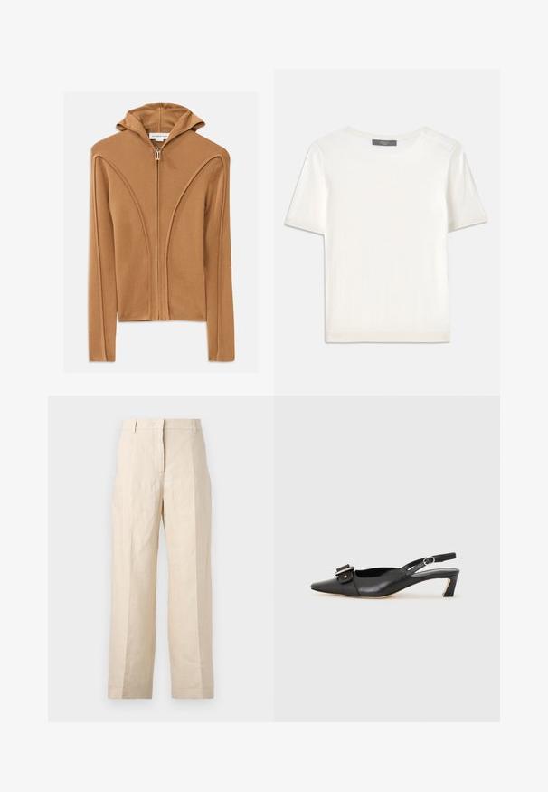 Smeđi dukserica na zip s kapuljačom, izrađena od mekanog materijala, s detaljima zakrivljenih šavova i prednjim zatvaračem na munje.; Bijela kratkotrajna pletena majica s kratkim rukavima i okruglim izrezom, koja se odlikuje glatkom teksturom i suptilnim rebrastim detaljima na rukavima i rubu.; Bež lanene hlače s opuštenim krojem, nabranim prednjim dijelom i ravnim nogavicama. Imaju pojas s petljama za remen i bez vidljivih džepova.; Crne kožne sandale s remenčićem i šiljastim vrhom, malim potpeticama i dekorativnom kopčom na gornjem dijelu. Glatka tekstura, minimalistički dizajn.