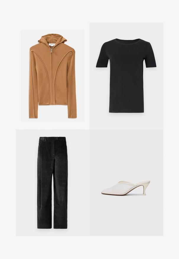 Bruine rits-hoodie met capuchon, gemaakt van zachte stof, met gebogen naaddetails en een rits aan de voorkant.; Zwarte t-shirt met korte mouwen van zacht katoen, met een ronde hals en een klassieke pasvorm. Soepele textuur, geen patronen of versieringen.; Zwarte, gestructureerde wijde broek met een uitgesproken weefpatroon, met voorplooien en een vlakke tailleband. Klassiek ontwerp voor veelzijdigheid.; Witte mesh puntige muiltjes met een slanke hak van middelgrote hoogte en een slip-on ontwerp, tegen een effen achtergrond.