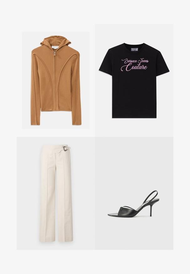 Hnědá mikina na zip s kapucí, vyrobená z měkké látky, s detailem zakřiveného švu a předním zipem.; Černé bavlněné tričko s krátkým rukávem, zdobené růžovými kamínky s nápisem "Versace Jeans Couture" na hrudi.; Kračkové kalhoty ve krémovém materiálu s texturovaným povrchem. Mají boční plisování a dekorativní pásek s kulatou sponou.; Černé kožené lodičky na odkryté patě s špičatou špičkou, tenkým řemínkem kolem kotníku a jehlovým podpatkem. Obsahují uzlový detail na nártu.
