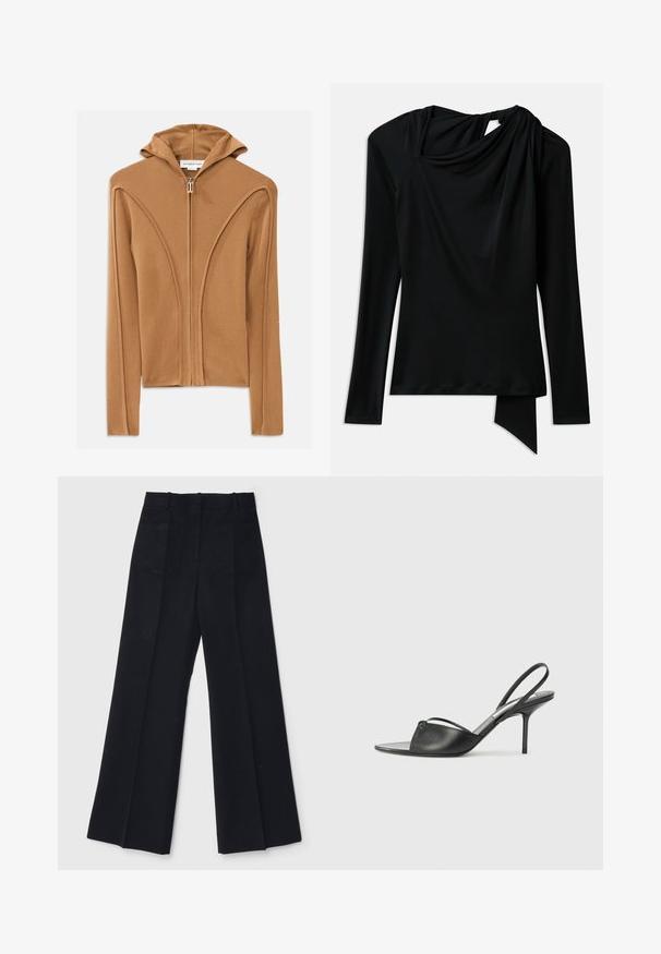 Hoodie zippé marron avec capuche, en tissu doux, présentant des détails de coutures courbes et une fermeture éclair à l'avant.; Haut à manches longues noir en tissu lisse, avec un col drapé, un ourlet asymétrique et un détail découpé au dos.; Un pantalon large noir en tissu lisse, avec une taille haute, deux poches arrière et des plis subtils à l'avant pour une silhouette affinée.; Escarpins en cuir noir à talon décolleté, avec un bout pointu, une fine bride de cheville et un talon aiguille. Présente un détail noué sur le devant.