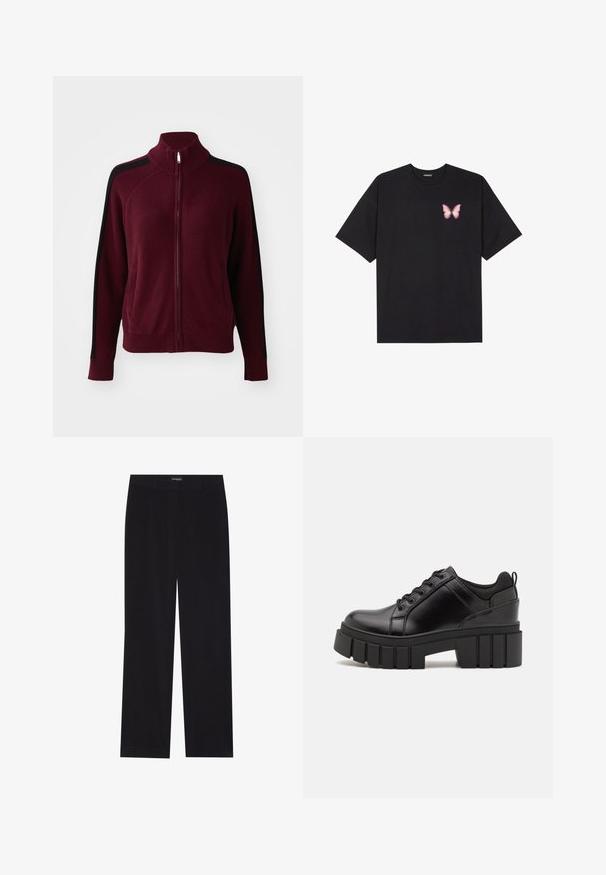 Obey Clothing FRANKIE TRACK - Cardigan - wine; Black cotton t-shirt with short sleeves, featuring a small pink butterfly graphic on the left chest. Crew neck design with a relaxed fit.; Black corduroy trousers with a straight cut, featuring a flat waistband and no visible pockets, smooth texture, and vertical ribbing detail.; Black leather platform shoes with a chunky block heel, round toe, and traditional lace-up design. Features smooth texture and minimal detailing.
