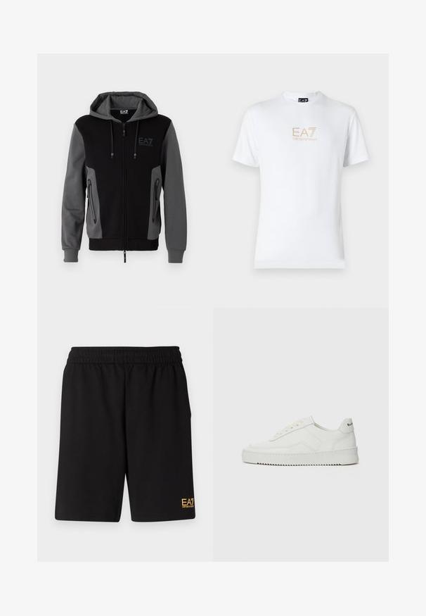 EA7 Emporio Armani FELPA - Felpa con zip - black; T-shirt bianco in cotone con scollatura rotonda e maniche corte, con il logo oro EA7 Emporio Armani stampato sul fronte.; Pantaloni sportivi neri realizzati in tessuto morbido, con vita elastica e un piccolo logo EA7 giallo sulla parte bassa della gamba sinistra.; Sneaker in pelle bianca con una finitura liscia, punta rotonda, lacci piatti e suola testurizzata. Presenta un logo discreto sul tallone.