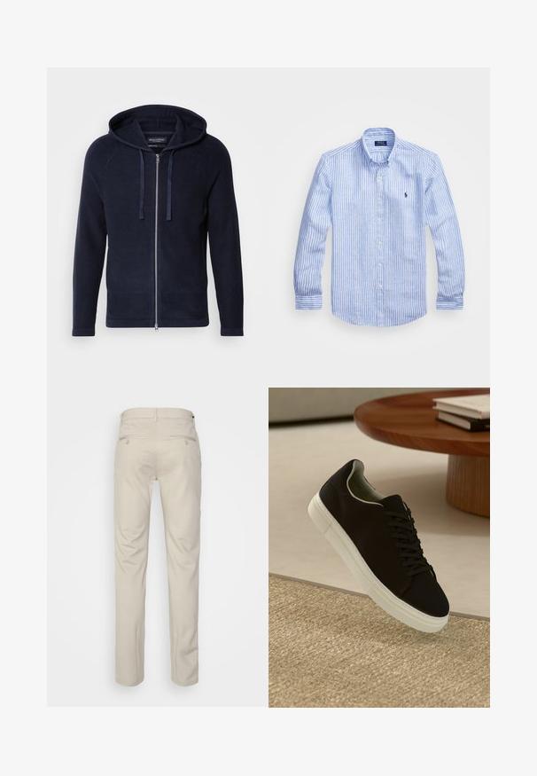 Temno modra zip-up kapuca z teksturiranim pletenjem, raglan rokavi, nastavljiva kapuca s vrvico in sprednji zadrge.; Modra in bela prugasta srajca z dolgimi rokavi iz bombaža, s kragnico na gumb, sprednjimi gumbi in majhnim izvezenim logotipom na prsih.; Bež hlače z gladko teksturo, ravnega kroja, dvema zadnjima žepoma z gumbi in standardnim pasom.; Črni športni copat z belim podplatom lebdi nad bež teksturiranim preprogam blizu okroglega lesenega mize z zloženimi knjigami.