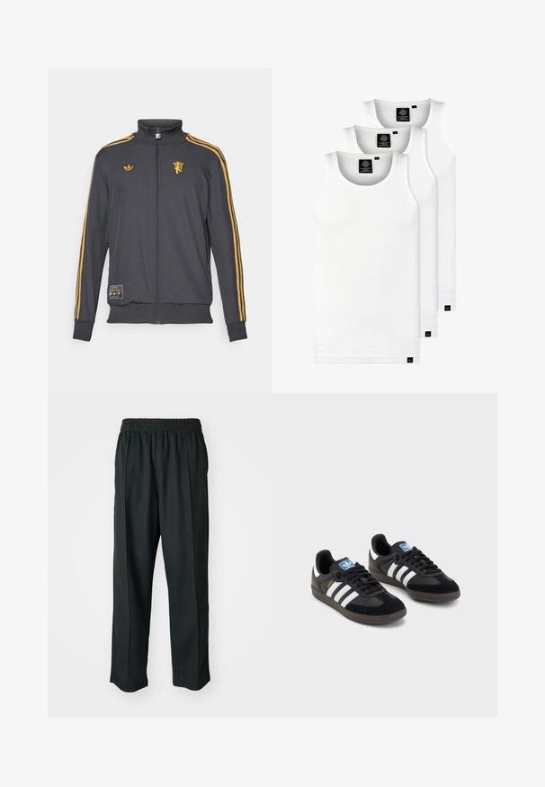 adidas Originals MANCHESTER UNITED ICON TRACK TOP - Majica s kapuljačom i patentnim zatvaračem - utility black; Tri bijele rebraste majice bez rukava od pamuka. Imaju okrugli izrez i male crne oznake blizu rubova. Dostupne su u više veličina.; Crne atletske hlače s elastičnim pojasom, izrađene od glatkog materijala, s diskretnim bočnim šavovima i opuštenim krojem, ravne nogavice.; Crne tenisice s gornjim dijelom od antilopa i sintetičkog materijala, s tri bijele pruge, teksturiranom gumenom potplatom i plavom oznakom na jeziku.