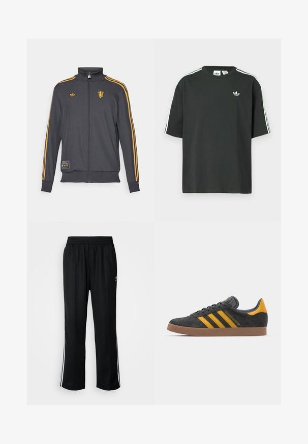 adidas Originals MANCHESTER UNITED ICON TRACK TOP - Užtrauktuku užsegamas treningas - utility black; Juoda medvilninė trumpų rankovių marškinėliai su apvalia apykakle ir trimis baltomis juostelėmis ant pečių. Priekyje yra mažas baltas logotipas.; Juodi sportiniai keliai su elastingu juosmeniu, su baltais šonais ir mažu logotipu. Atrodo, kad medžiaga yra minkšta ir lengva.; Juodas zomšinės sportbačiai su geltonais akcentais, turintys tris juosteles ir rudą gumos padą. Apima paminkštintą liežuvėlį patogumui.