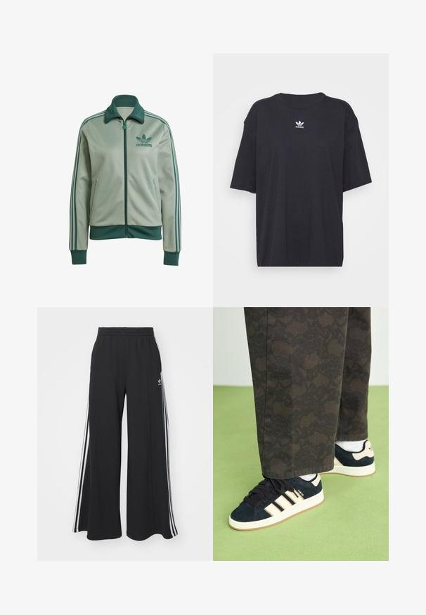 Casaco adidas verde claro com fecho, gola alta e três riscas verde escuro em cada manga. Apresenta o logo no lado esquerdo do peito e bolsos laterais.; T-shirt de algodão preto com mangas curtas, decote arredondado, apresenta um logótipo branco da Adidas no peito. Design simples, ajuste descontraído.; Calças de suor largas e pretas com uma cintura elástica, apresentando riscas brancas nas laterais e um logótipo bordado na coxa esquerda.; Calças pretas com padrão, combinadas com ténis de camurça azul-marinho com riscas creme e solas brancas. As superfícies mostradas são texturizadas e planas.