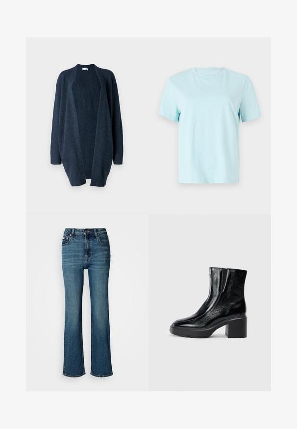 Cardigan oversize bleu marine, fabriqué en tissu tricot doux. Design à ouverture devant, manches longues, poignets côtelés et texture lisse sans motifs.; T-shirt en coton bleu clair avec des manches courtes, un col rond et un logo 'Calvin Klein' brodé discrètement à l'avant.; Jean bleu taille haute en denim, avec une coupe droite, un léger délavé et une fermeture standard par bouton et zip.; Bottines en cuir verni noir avec un bout arrondi, des panneaux latéraux en élastique et un talon épais. Comprend un logo embossé à l'arrière.