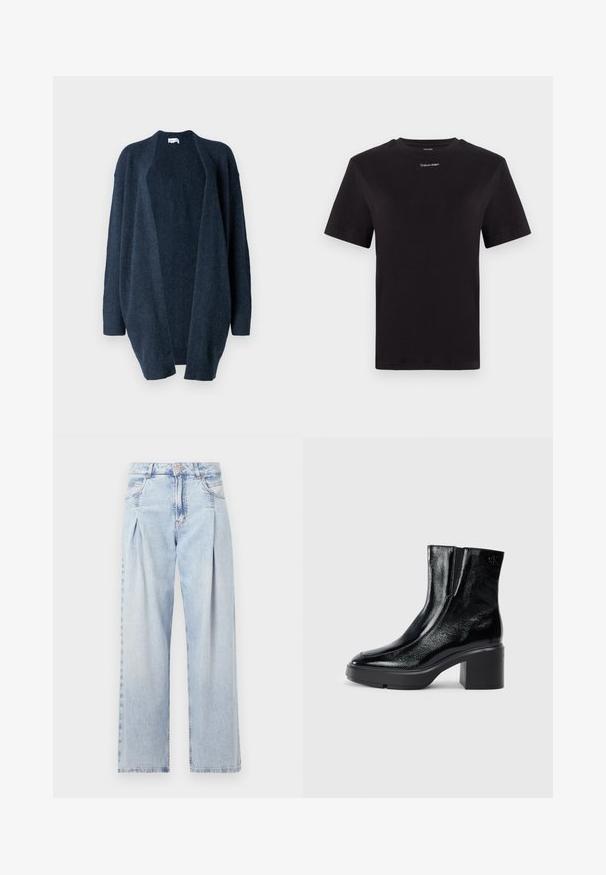 Námořnický modrý oversize cardigan vyrobený z měkkého pleteného materiálu. Otevřený přední design, dlouhé rukávy, žebrované manžety a hladká textura bez vzorů.; Černé bavlněné tričko s krátkými rukávy, kulatým výstřihem a malým bílým logem "Calvin Klein" na hrudi. Hladká textura, klasický střih.; Světlé modré džíny z denimu s vysokým pasem, širokým střihem, dvěma bočními kapsami a nařaseným designem. Měkká textura s vybledlým povrchem.; Černé lakované kotníkové boty s zakřivenou špičkou, elastickými bočními panely a robustním blokovým podpatkem. Na zadní straně se nachází embosované logo.