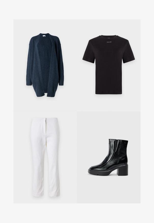 Cárdigan de gran tamaño en azul marino, hecho de un suave tejido de punto. Diseño de frente abierto, mangas largas, puños acanalados y una textura lisa sin patrones.; Camiseta de algodón negra con mangas cortas, cuello redondo y pequeño logo blanco de "Calvin Klein" en el pecho. Textura suave, corte clásico.; Pantalones de algodón blancos con un diseño de pierna recta, que cuentan con una cintura de media altura y sin herrajes o patrones visibles. Textura suave en todo su recorrido.; Botas de tobillo de charol negro con puntera curva, paneles laterales elásticos y un tacón ancho. Presentan un logo embosado en la parte posterior.