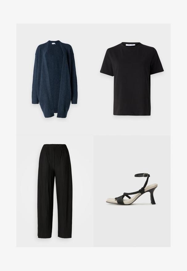 Tengerészkék, túlméretezett kardigán, puha kötött anyagból készült. Nyitott elülső kialakítás, hosszú ujjak, bordázott mandzsetták, és sima textúra minta nélkül.; Fekete, rövid ujjú póló, puha pamutból készült, kerek nyakkivágással, laza szabással és sima textúrával. Nincs látható minta vagy grafikák.; Fekete, pliszírozott, bőszárú nadrág rugalmas derékkal. Az anyag függőleges pliszékkel és sima textúrával rendelkezik.; Fekete sarkú szandál fonott pánttal, négyzet alakú orral és állítható bokapánttal. Világos bézs talpbetét fényes fekete sarkával.