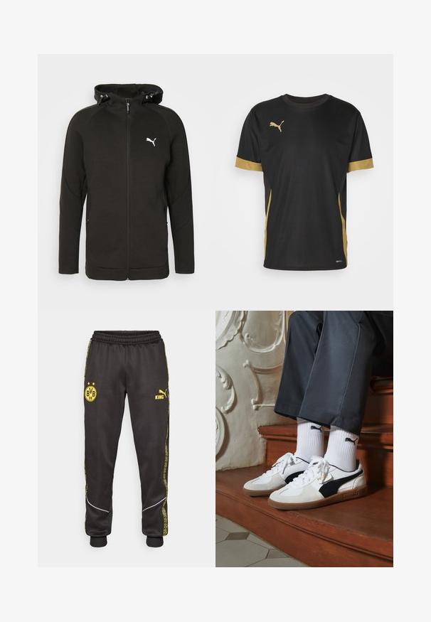 Svart hettegenser med glidelås laget av mykt, teksturert stoff. Har snor til hetten, to sidelommer og en hvit Puma-logo på brystet.; Svart treningst-skjorte med gulldetaljer på ermene og siden. Har rund hals, korte ermer og fukttransporterende DRYCELL-stoff.; Svarte treningsbukser med gule Borussia Dortmund BVB 09 og Puma King-logoer, elastisk liv, og mønstrede gule sidestriper.; Puma-sneakers i hvitt og svart semsket skinn, med en brun gummisåle. Kombinert med hvite sokker med en svart logo, båret med mørke bukser.
