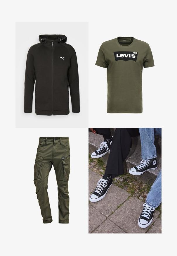 Felpa nera con zip realizzata in tessuto morbido e testurizzato. Presenta un cappuccio con cordino, due tasche laterali e un logo Puma bianco sul petto.; T-shirt di cotone verde oliva con un grande logo nero di Levi's sul davanti. Collo girocollo classico e maniche corte, consistenza liscia.; Pantaloni cargo verde oliva realizzati in cotone robusto. Presentano numerose tasche, una tasca laterale con zip e gambe affusolate con una finitura leggermente strutturata.; Sneakers alti neri in tela con suole e lacci bianchi, dotati di un logo circolare di lato e abbinati a pantaloni in denim e neri.