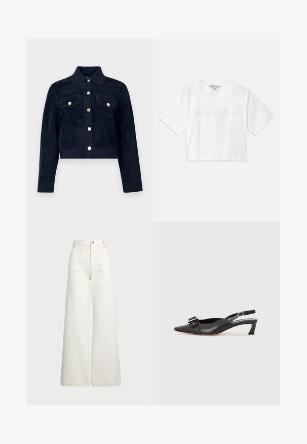 Námořnicky modrá krátká bunda z měkké, strukturované látky s límcem, zapínáním na knoflíky vpředu a dvěma náprsními kapsami se zlatými knoflíky.; Bílý zkrácený tričko vyrobené z bavlny, s krátkými rukávy a logem "MICHAEL KORS" v odpovídajícím vyšitým textem na přední straně.; Džíny s širokými nohavicemi v off-white denim. Vysoký pas s knoflíkovým zapínáním, dvě přední kapsy a detaily kontrastního šití.; Černé kožené sandály s úzkou špičkou, malým podpatkem a dekorativní sponou na nártu. Hladký povrch, minimalistický design.