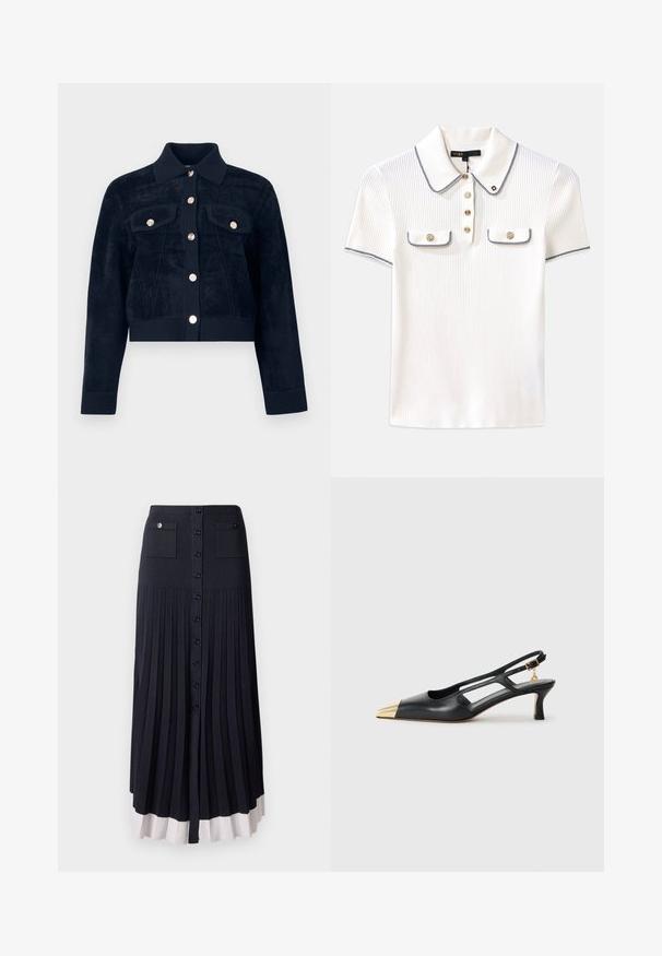 Granatowa krótka kurtka z miękkiego, teksturowanego materiału z kołnierzem, zapięciem na guziki z przodu oraz dwiema kieszeniami na piersi z złotymi guzikami.; Biały golf z prążkami z kołnierzykiem, z granatowymi akcentami, złotymi guzikami i dwiema małymi kieszonkami z klapkami z przodu.; Faldowa spódnica maxi w ciemnym granacie z zapięciem na guziki. Posiada dwie przednie kieszenie oraz jasny brzeg. Wykonana z miękkiego, teksturowanego materiału.; Czarne skórzane buty slingback z wysmuklonym noskiem i złotą metalową czubkiem. Posiadają wycięcia w designie oraz smukły obcas z regulowanym paskiem.