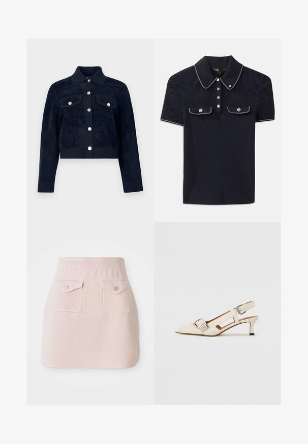 Marineblå kort jakke i mykt, teksturert stoff med krage, knappelukking foran og to brystlommer med gullfargede knapper.; Marineblå ribbestrikket polo skjorte med spiss krage, korte ermer og to frontlommer med trykknapper; fremhevet med hvite søm detaljer.; Rosa skjørt laget av stoff med en glatt tekstur. Har to frontlommer med klafflukking og dekorativ søm langs kanten.; Hvit lær slingback sko med spiss tå, liten hæl og justerbar stropp med en fremtredende sølvspenne.