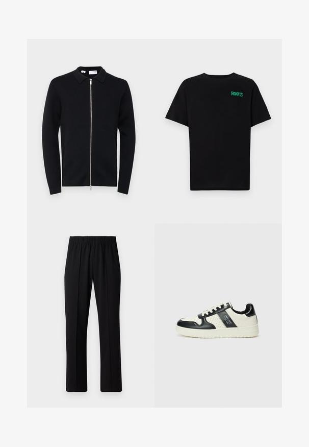 Crna pletena jakna na zip s ovratnikom i dugim rukavima, koja ima srebrni zatvarač te rebraste manžetne i rub.; Crna majica kratkih rukava od pamuka. Na prednjem dijelu se nalazi zeleni "ROOTS" logo, okrugli izrez i standardni kroj.; Crne hlače s elastičnim strukom, ravnog kroja, s glatkom teksturom i bez vidljivih uzoraka ili metalnih dijelova.; Kožne tenisice s crno-bijelom paletom boja, koje imaju perforirane akcentne detalje, podstavljeni ovratnik i teksturiranu potplat.
