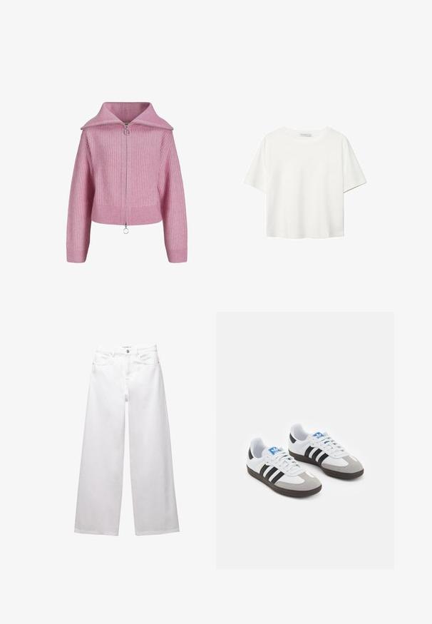 JJXX GILLY DIVERSE - Strickjacke - moonlite mauve; Weißes T-Shirt mit kurzen Ärmeln aus Baumwolle. Hat einen Rundhalsausschnitt und eine lockere Passform. Glatte Textur ohne sichtbare Muster oder Akzente.; Weiße weit geschnittene Jeans aus Denim. Mit Knopfverschluss, Vorder- und Gesäßtaschen sowie gesteppten Nähten. Glatte Textur mit minimalen Details.; Sportschuhe mit einem Obermaterial aus weißem Leder, grauer Wildleder-Zehenkappe und drei schwarzen Streifen. Sie verfügen über ein blaues Logo auf der Zunge und eine strukturierte Gummisohle.