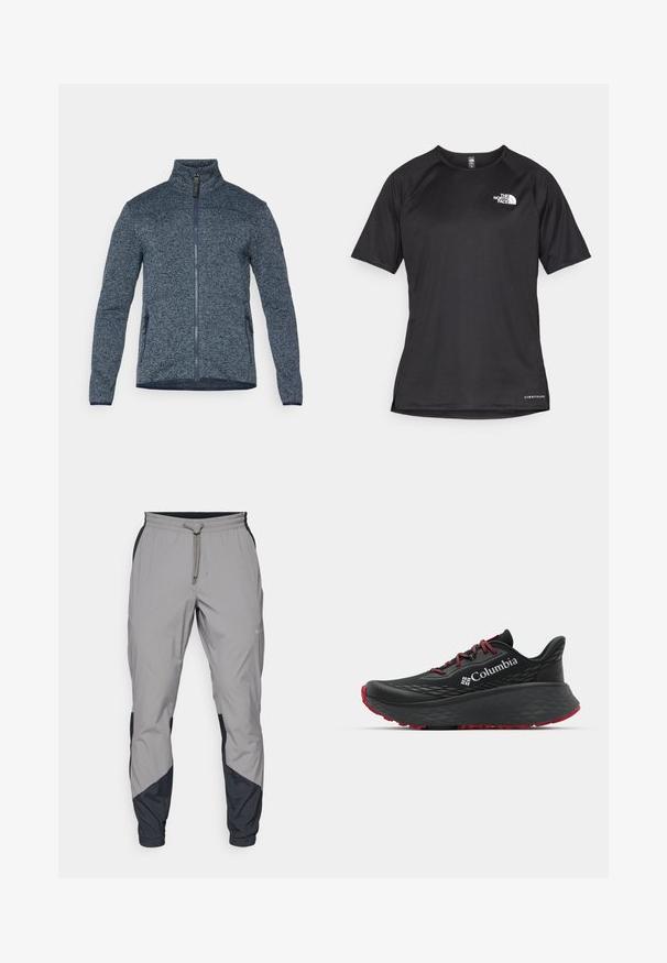 Kék, texturált, magas galléros zipzáros dzseki. Oldalsó zsebekkel rendelkezik, és kontrasztos sötétkék díszítés található az ujjakon és az alsó szegélyen.; Fekete, rövid ujjú sportpóló struktúrált anyagból, bal mellen fehér logóval és egyenes aljjal.; Könnyű, szürke sportnadrág fekete részletekkel. Rugalmas derékpánt, zsinóros zárás, szabott lábszár kialakítás és oldalsó zsebek.; Fekete sportcipő texturált felsőrésszel, piros fűzőkkel és logóval. Vastag talp, mintás járófelülettel a tapadásért. Minimalista dizájn, oldalnézet.