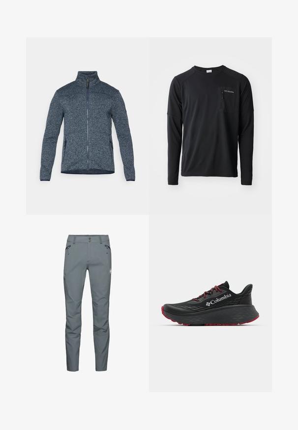 Giacca blu con texture e zip, dotata di collo alto. Presenta tasche laterali e una finitura in blu scuro a contrasto lungo le maniche e l'orlo inferiore.; Columbia COLUMBIA TECH™ LONG SLEEVE CREW - Maglietta a manica lunga - black; Pantaloni da esterno grigi con un design elegante, due tasche frontali con zip e tessuto durevole. Accenti rinforzati sulle ginocchia per una maggiore resistenza.; Scarpa sportiva nera con tomaia testurizzata, lacci rossi e logo. Suola spessa con battistrada a righe per una buona aderenza. Design minimalista, vista laterale.