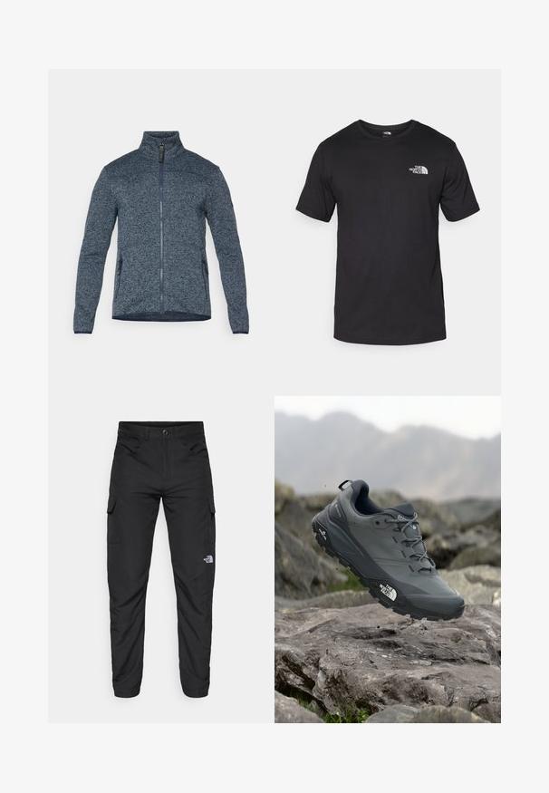 Blå, texturerad zip-up jacka med hög krage. Har sidofickor och kontrasterande mörkblå kanter längs ärmarna och nederkanten.; Svart t-shirt med kort ärm gjord av bomull, med rund halsringning och en liten vit logotyp på övre vänstra bröstområdet.; The North Face HORIZON PANT - Friluftsbyxor - black; Grå trail löparskor med en texturerad ovandel, hållbar gummisula och förstärkt tåparti. Har snören och logotyp på sidan.