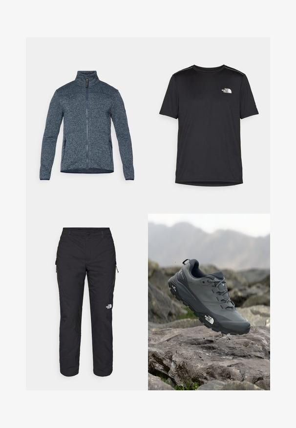 Blue, textured zip-up jacket with high collar. Features side pockets and contrasting dark blue trim along the sleeves and bottom hem.; Black short-sleeve T-shirt made from lightweight fabric. Features a small white logo on the left chest and subtle shoulder accents.; The North Face WINTER EXPLORATION TAPERED CARGO - Outdoor trousers - black; Grey trail running shoe with a textured upper, durable rubber sole, and reinforced toe cap. Features laces and brand logo on the side.