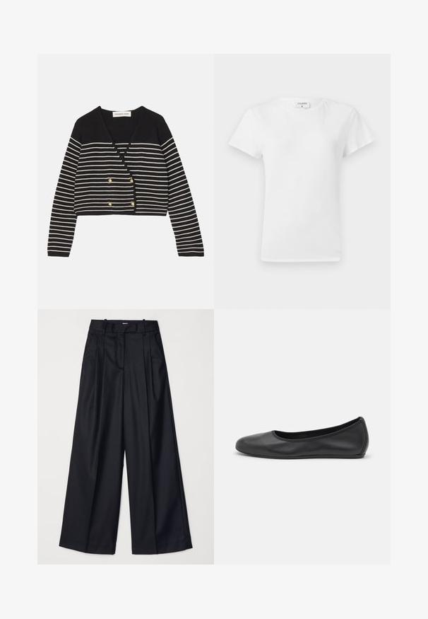 Μαυρόασπρη ριγωτή κοντή κάρντιγκαν με V λαιμόκοψη, διαθέτοντας διπλά κουμπιά σε χρυσό τόνο και μακριά μανίκια. Μαλακή πλεκτή υφή.; Λευκό βαμβακερό μπλουζάκι με στρογγυλή λαιμόκοψη και κοντά μανίκια, με χαλαρή εφαρμογή και μινιμαλιστικό σχέδιο. Ετικέτα ορατή στον λαιμό.; Μαύρο παντελόνι φαρδιάς γραμμής φτιαγμένο από μαλακό ύφασμα, με ψηλή μέση, πτυχώσεις και κομψό σχέδιο. Απλή μαύρη μεταλλική λεπτομέρεια στη μέση.; Μαύρο δερμάτινο μπαλαρίνι με στρογγυλή μύτη, λεία υφή, ελάχιστες λεπτομέρειες ραφής και σχεδίαση ευέλικτης σόλας.