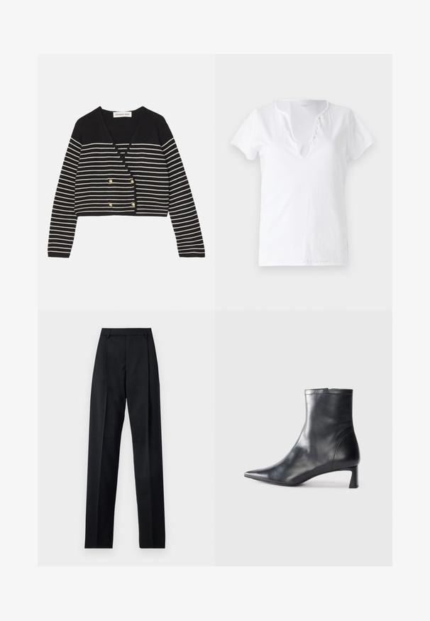 Cardigan scurt cu dungi alb-negru, cu decolteu în V, având nasturi dubli de ton auriu și mâneci lungi. Textură moale din tricot.; Tricou alb din bumbac, cu mâneci scurte, croială lejeră și decolteu în V, având o deschidere cu cinci butoane decorative.; Pantaloni negri dintr-un material neted, cu talie înaltă, picioare largi, pliuri frontale și loop-uri clasice pentru curea. Fără buzunare laterale vizibile.; Cizmă de gleznă din piele neagră cu vârf ascuțit și un design elegant. Dispune de un toc mic și de o închidere cu fermoar la spate. Textură netedă.