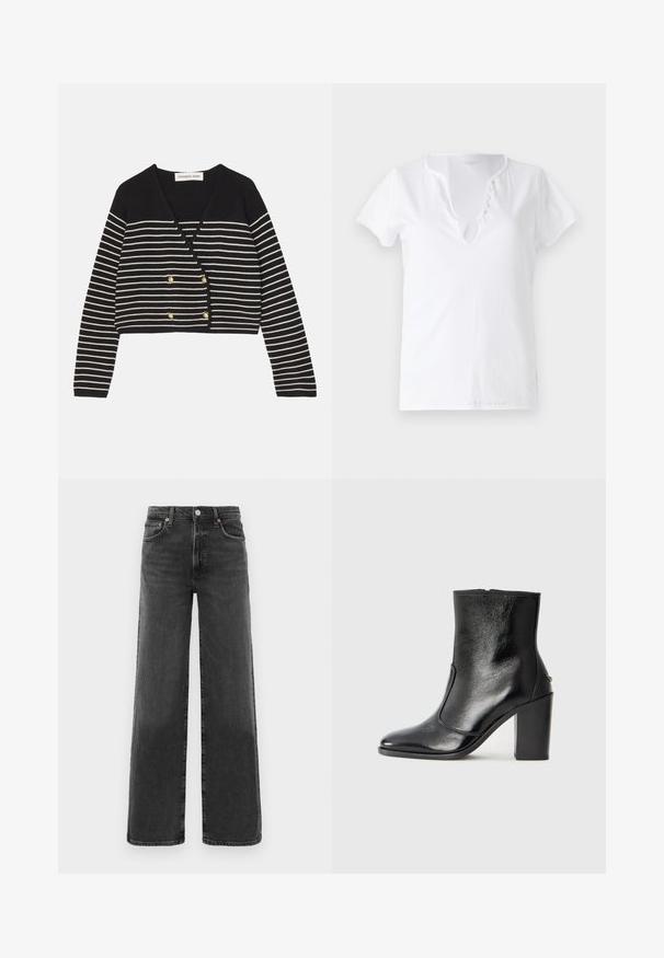 Schwarz-weiße gestreifte kurz geschnittene Strickjacke mit V-Ausschnitt, ausgestattet mit goldfarbenen Doppelknöpfen und langen Ärmeln. Weiche Stricktextur.; Weißes Baumwoll-T-Shirt mit kurzen Ärmeln, lockerer Passform und V-Ausschnitt mit einer Leiste aus fünf dekorativen Knöpfen.; Schwarze, hochtaillierte, gerade geschnittene Jeans aus Denim mit vorderem Knopf und Reißverschluss, zwei vorderen Taschen und zwei hinteren Taschen.; Schwarze Leder-Stiefelette mit glatter Textur, spitzem Fuß und klobigem hohen Absatz. Verfügt über eine seitliche Öffnung und ein minimalistisches Design.