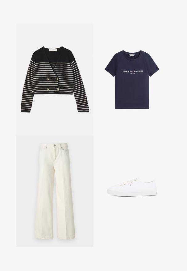 Schwarz-weiße gestreifte kurz geschnittene Strickjacke mit V-Ausschnitt, ausgestattet mit goldfarbenen Doppelknöpfen und langen Ärmeln. Weiche Stricktextur.; Marineblaues T-Shirt mit kurzen Ärmeln, rundem Ausschnitt und weißem "Tommy Hilfiger EST. 1985"-Schriftzug sowie Logo auf der Vorderseite.; Weite weiße Jeans aus einem Baumwollmischgewebe. Verfügt über einen Reißverschluss, ein Fünf-Taschen-Design und Nähte entlang der Säume.; Weißes Leinensneaker mit goldenen Ösen, flachen Schnürsenkeln, strukturiertem Gummisohle und minimalem Branding an der Seite. Niedriges Profil.