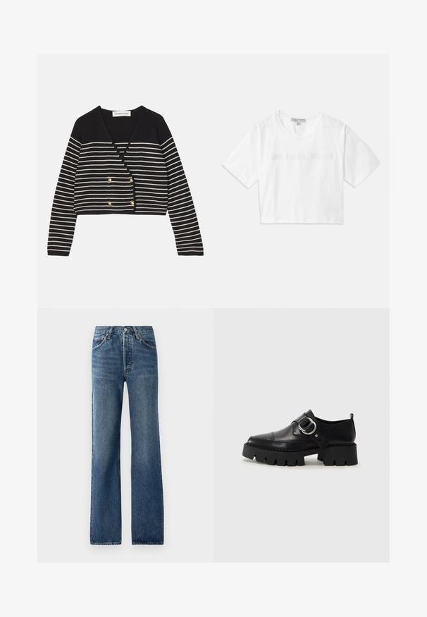 Mustvalge triibuline lühike kardigan V-kaelusega, koos kuldsete topelt-nuppudega ja pikkade varrukatega. Pehme kudumise tekstuur.; Valge lühikeste varrukatega puuvillane lühike T-särk, mille esiosas on ühtlaselt brodeeritud "MICHAEL KORS" logo.; Sinine denimist valmistatud sirgete jalgadega teksapüksid, millel on viis taskut, nööpkinnitus ja kerge pleekimine koos peente kulumisefektidega.; Mustad musta naha jalanõud, millel on jäme ribaga tallad, ringikujuline hõbedane detail ja minimaalne õmblusdetail.