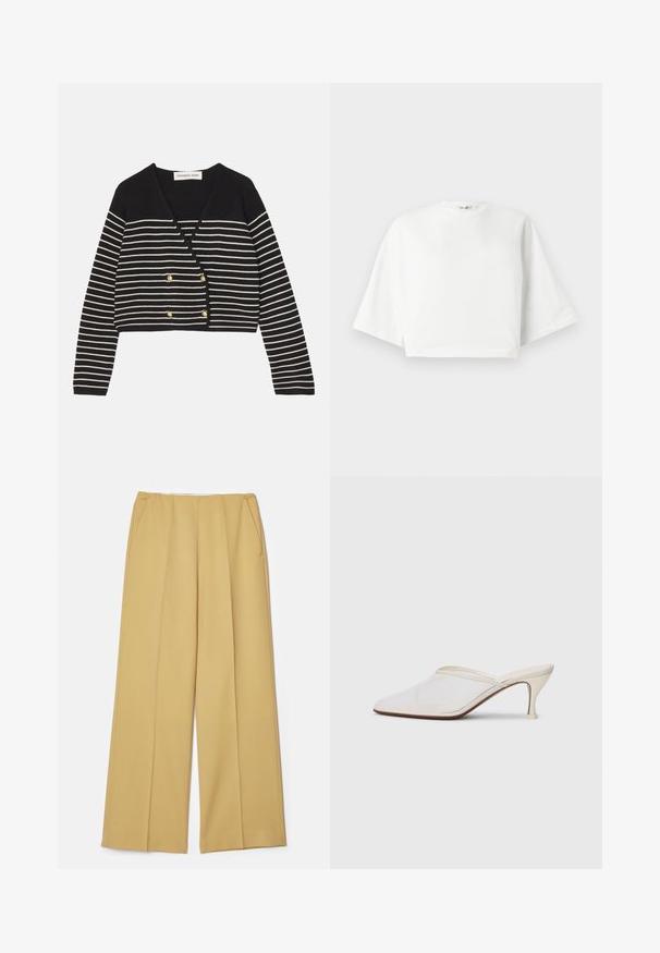 Black and white striped cropped cardigan with a v-neck, featuring gold-tone double buttons and long sleeves. Soft knit texture.; White cropped t-shirt with relaxed fit, short wide sleeves, round neckline, and side slits, made from soft cotton material.; Wide-leg trousers in a mustard yellow fabric, featuring front pockets and a smooth texture, with a clean, tailored design.; White mesh pointed-toe mule with a slim mid-height heel and slip-on design against a plain background.