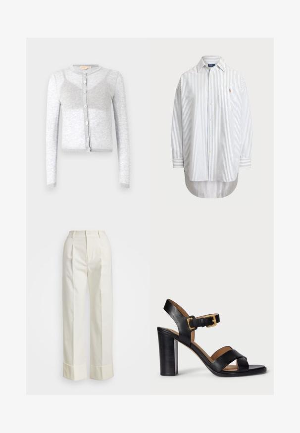 Szürke, hosszú ujjú kardigán, kerek nyakkivágással, gombos záródással és bordás szegéllyel. Puha, texturált anyagból készült.; Csíkos, világoskék és fehér ing, mellzsebbe bújtatva egy kis logóval. Sima anyagból készült, laza szabású.; Fehér, szabott nadrág magas derékkal, dupla elülső redőkkel és széles lábakkal, hajtogatott szegésekkel. Simító, textúrált anyagból készült.; Fekete bőr, magas sarkú szandál, keresztbe futó pánttal és csattal. Jellemzője a vastag sarok és a sima textúra.