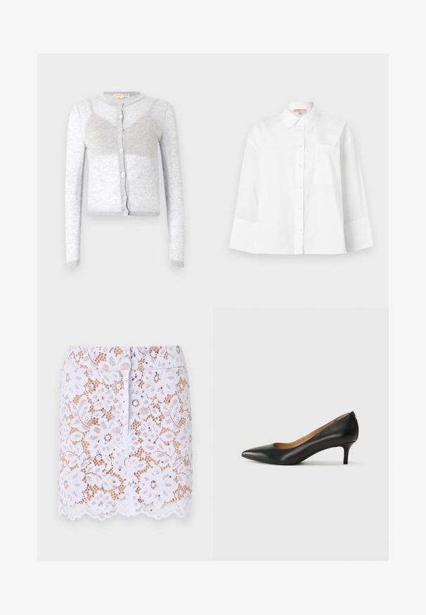 Pilkas ilgomis rankovėmis kardiganas su apvaliu kaklu, turintis mygtukų užsegimą ir raukinį. Pagamintas iš minkštos, tekstūros medžiagos.; Balta mygtukinė marškiniai pagaminti iš medvilnės, su smailiu apykakle, ilgomis rankovėmis, krūtine kišene ir laisvu siluetu.; Balta nėriniuota sijonas su gėlių raštu, suapvalintu kraštu ir diskretiniais papuošimais. Turi prigludusį dizainą ir paslėptą užtrauktuką gale.; Juodos odinės aukštakulnės bateliai su smailiu nosiu, žemu kulnu ir lygiu paviršiumi. Priekyje yra nedidelis atvirumas, o gale minimalus apdaila.