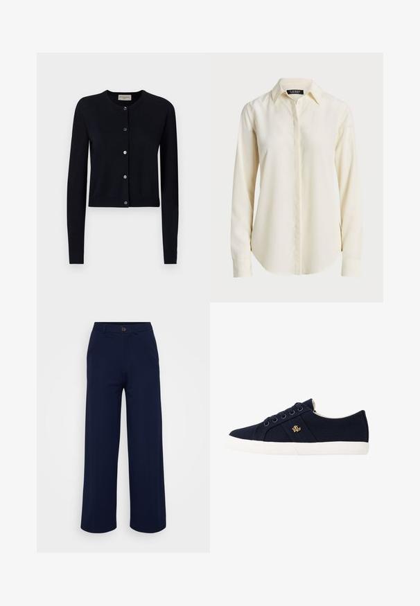 OFFICINE GENERALE MOANE - Cardigan - night sky; Lys kremfarget skjorte med lange ermer, spiss krage, knappelukking foran og glatt tekstur; har en rundet kant og tilpasset passform.; Even&Odd Petite Bukse - dark blue; Lauren Ralph Lauren JANSON II CANVAS SNEAKER - Joggesko - navy