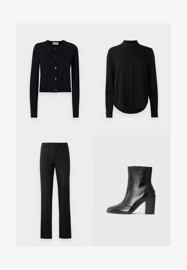 OFFICINE GENERALE MOANE - Kardigan - night sky; Černá halenka s dlouhým rukávem a špičatým límcem, skrytým zapínáním na knoflíky a zakřiveným lemem na jednobarevném bílém pozadí.; Černé elegantní kalhoty s rovnými nohavicemi, dvěma předními kapsami, zapínáním na knoflík a sklady na přední straně. Hladká struktura tkaniny.; Černé kožené kotníkové boty s hladkou texturou, špičatou špičkou a robustním vysokým podpatkem. Mají boční otvor a minimalistický design.