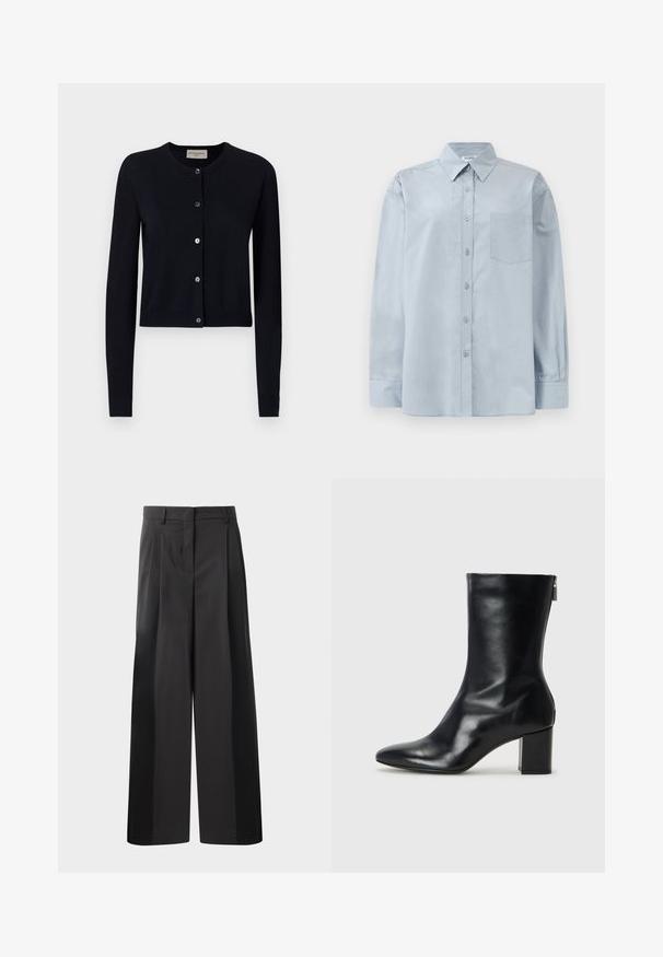 OFFICINE GENERALE MOANE - Cardigan - night sky; Light blue long-sleeve button-up shirt with pointed collar and chest pocket, laid flat on a white background.; Black wide-leg trousers with a high waist, featuring front pleats, a smooth texture, and a tailored finish. Designed for a relaxed fit.; Black leather ankle boot with a pointed toe and 4 cm block heel. Sleek design features a side zipper for easy wear. Smooth texture.