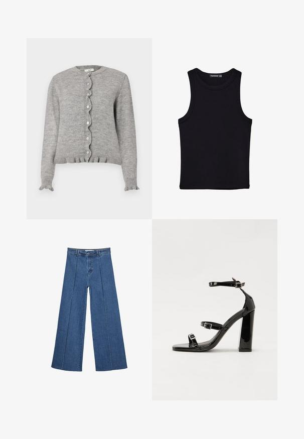 Szary, dziany kardigan z okrągłym dekoltem, falbankowym zapięciem na guziki i falbaniastymi mankietami. Posiada małe różowe guziki i prążkowany dół.; Czarny top na ramionczkach wykonany z bawełny, z okrągłym dekoltem i szerokimi wycięciami na ramionach. Gładka tekstura z przeszytymi brzegami. Klasyczny, minimalistyczny design.; Jeans typu wide-leg w średnim niebieskim kolorze, z wysokim stanem, zapięciem na guziki oraz kontrastowymi szwami pionowymi z przodu.; Czarne lakierowane sandały na wysokim obcasie, z dwoma paskami zapinanymi na klamry, kwadratowy nosek i masywny obcas typu słupek, o gładkiej, błyszczącej fakturze.