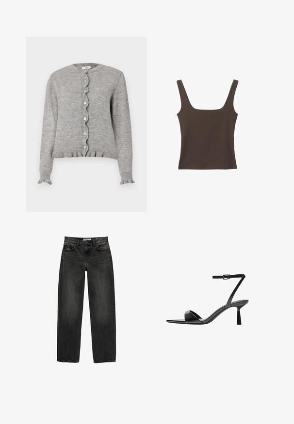 Szary, dziany kardigan z okrągłym dekoltem, falbankowym zapięciem na guziki i falbaniastymi mankietami. Posiada małe różowe guziki i prążkowany dół.; Brązowa bezrękawnikowa bluzka o kwadratowym dekolcie, wykonana z miękkiego, elastycznego materiału. Posiada dopasowany krój i płaskie szwy.; Czarne dżinsy o luźnym kroju, prostych nogawkach, pięciu kieszeniach i lekko wypłowiałej strukturze. Zapięcie na guzik i suwak z przodu.; Bershka - Sandały na obcasie