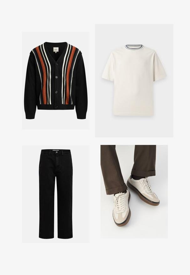Cardigan negru cu decolteu în V, cinci butoane și dungi verticale îndrăznețe în roșu, alb și bleumarin. Textură tricotată cu manșete și tiv ondulate.; Tricou din bumbac de culoare crem, cu mâneci scurte, având un decolteu rotund accentuat cu dungi bleumarin și albe. Textură netedă, croi confortabil.; Pantaloni din denim negri cu croi drept, design clasic cu cinci buzunare și închidere cu nasture la talie. Textură netedă și material durabil.; Adidași bej cu un vârf din suede texturat, laterale din piele netedă și o talpă din cauciuc maro. Șireturile și detalii de cusătură subtilă incluse.