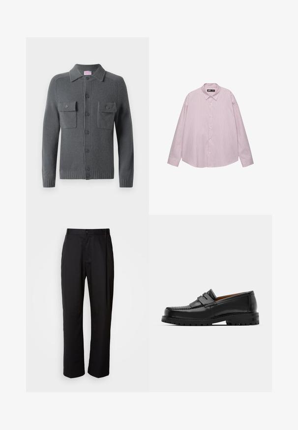 Harmaa neulecardigan, jossa on nappikiinnitys edessä, kaksi rintataskua ja kauluksellinen kaula-aukko. Ribbireunat hihansuissa ja helmassa. Pehmeä rakenne.; Vaaleanpunainen nappipaita, jossa on pystysuunnassa sinisiä raitoja, kauluspäällinen, pitkät hihat ja löysä istuvuus. Valmistettu sileästä kankaasta, jossa on hieno kiilto.; Mustat suorat housut, jotka on valmistettu kevyestä kankaasta. Varustettu edessä nappikiinnityksellä ja kahdella sivutaskulla; sileä pinta.; Mustat nahka loafit sisältävät kohoavan sauman, kaksi koristeellista nauhaa yläosassa ja paksun teksturoidun pohjan parempaa pitoa varten.