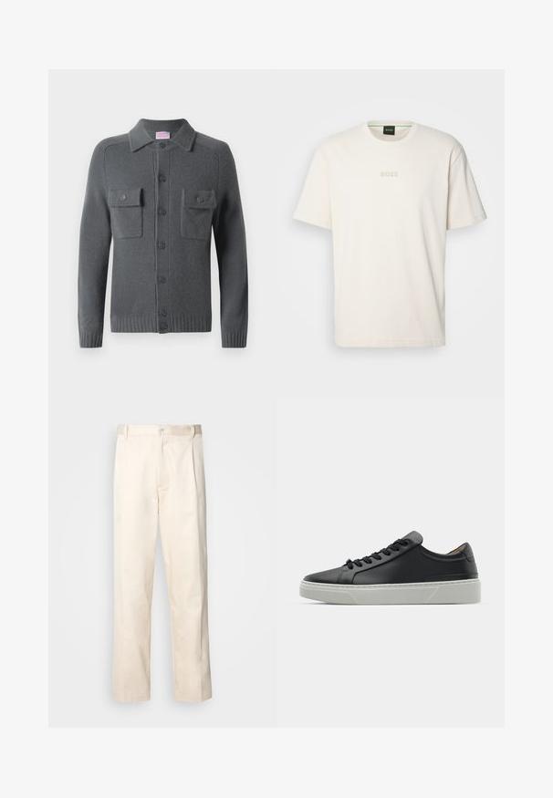Šedý pletený kardigán s knoflíkovým zapínáním, dvěma náprsními kapsami a límečkem. Rebrované manžety a lem. Měkká textura.; BOSS TEE - Jednoduché tričko - open white; Bežové bavlněné kalhoty se střihy rovného nohavice, s knoflíkovým zapínáním a záhyby vpředu pro zvýraznění detailu.; Černé kožené tenisky s hladkým povrchem, kulatou špičkou a černými šňůrkami. Disponují silnou bílou gumovou podrážkou s jemnými geometrickými akcenty.