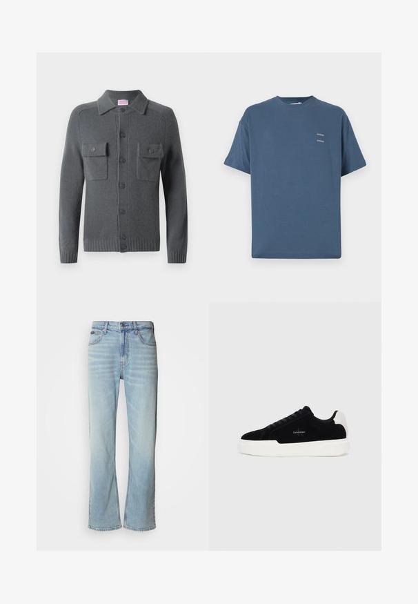 Pelēks adīts kardigans ar pogu aizdari, divām krūšu kabatām un apkakles izgriezumu. Ribotās piedurknēm un apakšmalai. Mīksta tekstūra.; Zilas kokvilnas T-krekls ar klasisku apaļu kaklu, īsām piedurknēm, brīvu piegriezumu un diviem maziem apdrukātiem logo uz krūtīm. Gluda tekstūra.; Gai zila denim bikses ar taisnu kāju griezumu, kurām ir piecas kabatas, pogu aizdare un viegla izbalēšana uz auduma.; Melni zema profila sporta apavi ar baltu zoli un papēdi, ar šņorēm priekšpusē un Calvin Klein logo sānos.