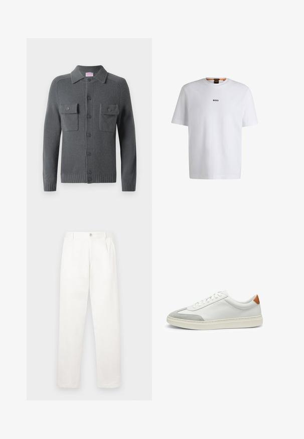 Gray knitted cardigan with a button-up front, two chest pockets, and a collared neckline. Ribbed cuffs and hem. Soft texture.; White cotton T-shirt with short sleeves, featuring a black "BOSS" logo centered on the chest and a round neck design.; White trousers made from smooth fabric, featuring a straight leg design, front pleats, and a single button closure at the waist.; White leather sneakers with gray suede accents and a tan leather heel tab. Features a textured surface and lightweight sole.