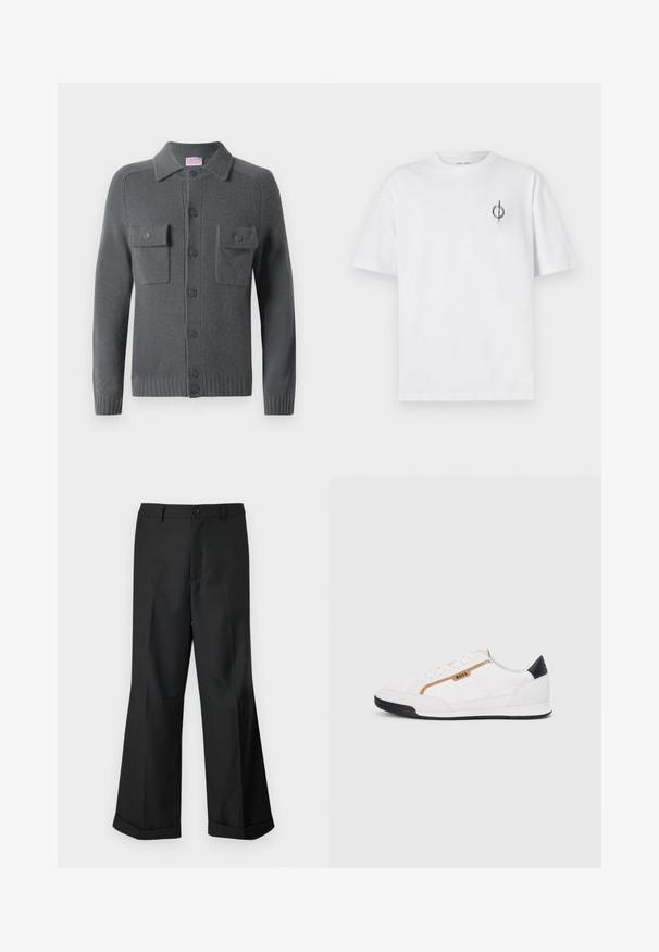 Szara sweterowa kardiganka z zapinanym przodem na guziki, dwiema kieszeniami na piersi i kołnierzem. Prążkowane mankiety i dół. Miękka tekstura.; Biała bawełniana koszulka o luźnym kroju, z małym czarnym graficznym logo na lewej piersi. Krótkie rękawy, klasyczny okrągły dekolt.; Czarne spodnie o szerokich nogawkach z zapięciem na guziki w pasie i mankietami, prezentowane na jednolitym białym tle.; Białe buty sportowe z siateczkowymi i skórzanymi akcentami. Posiadają złote logo "BOSS", teksturowane boczne panele i czapkę pięty w kolorze czarnym. Gumowa podeszwa.